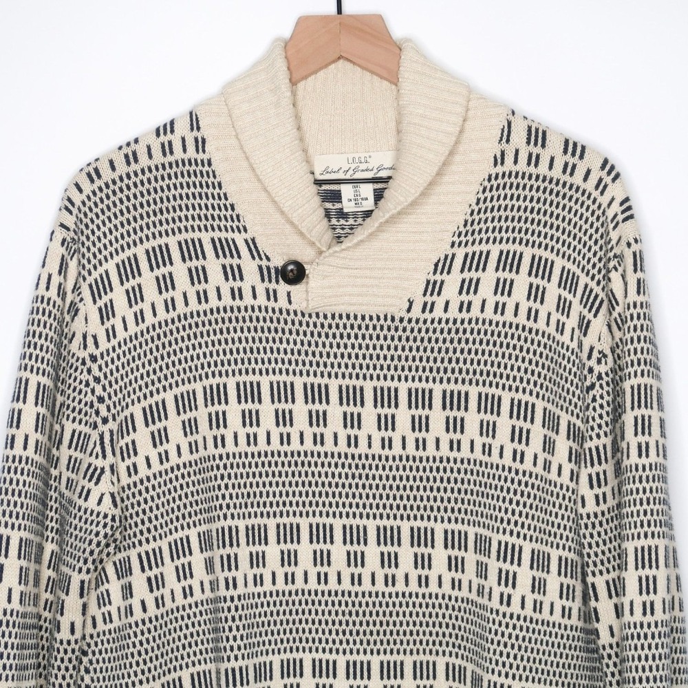 H&M Label of Graded Goods Mens Sweater Large Cream‎ Teal Stripes Holiday - Picture 5 of 8